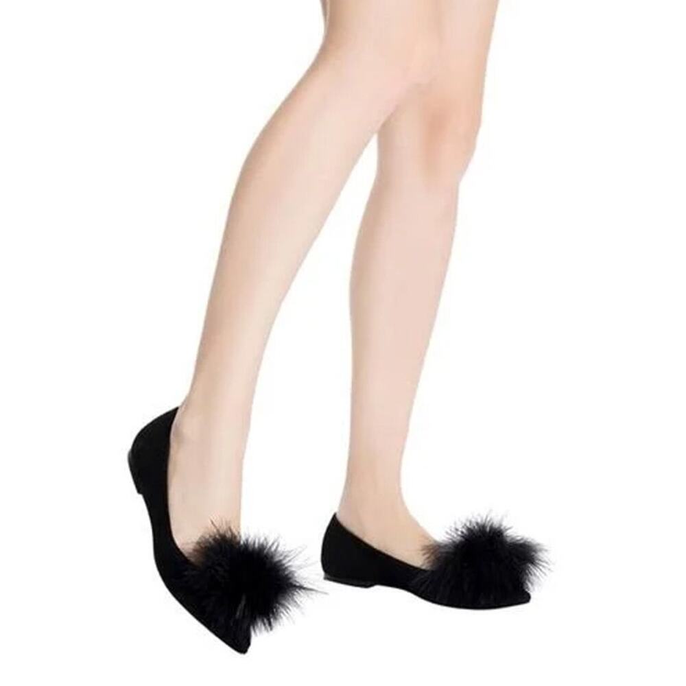 Larroude Lee Black Suede Pom Pom Flats Size 6.5